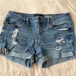Distressed Denim Midi Shorts